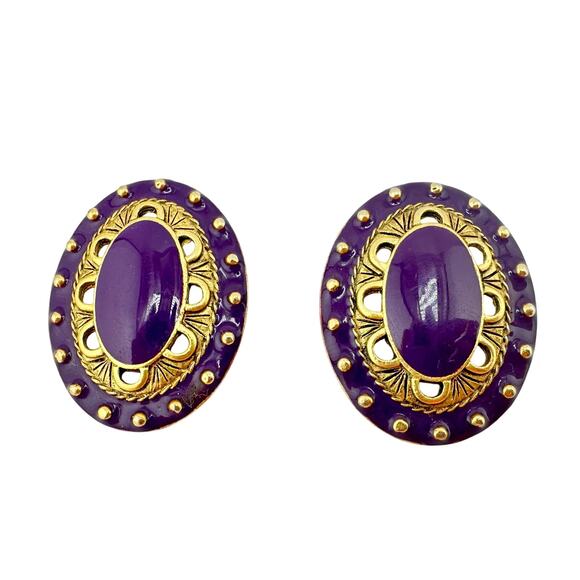 Vintage Purple Enamel Large Oval Gold Tone Avant Garde 1.75" Fashion Earrings - Picture 1 of 3